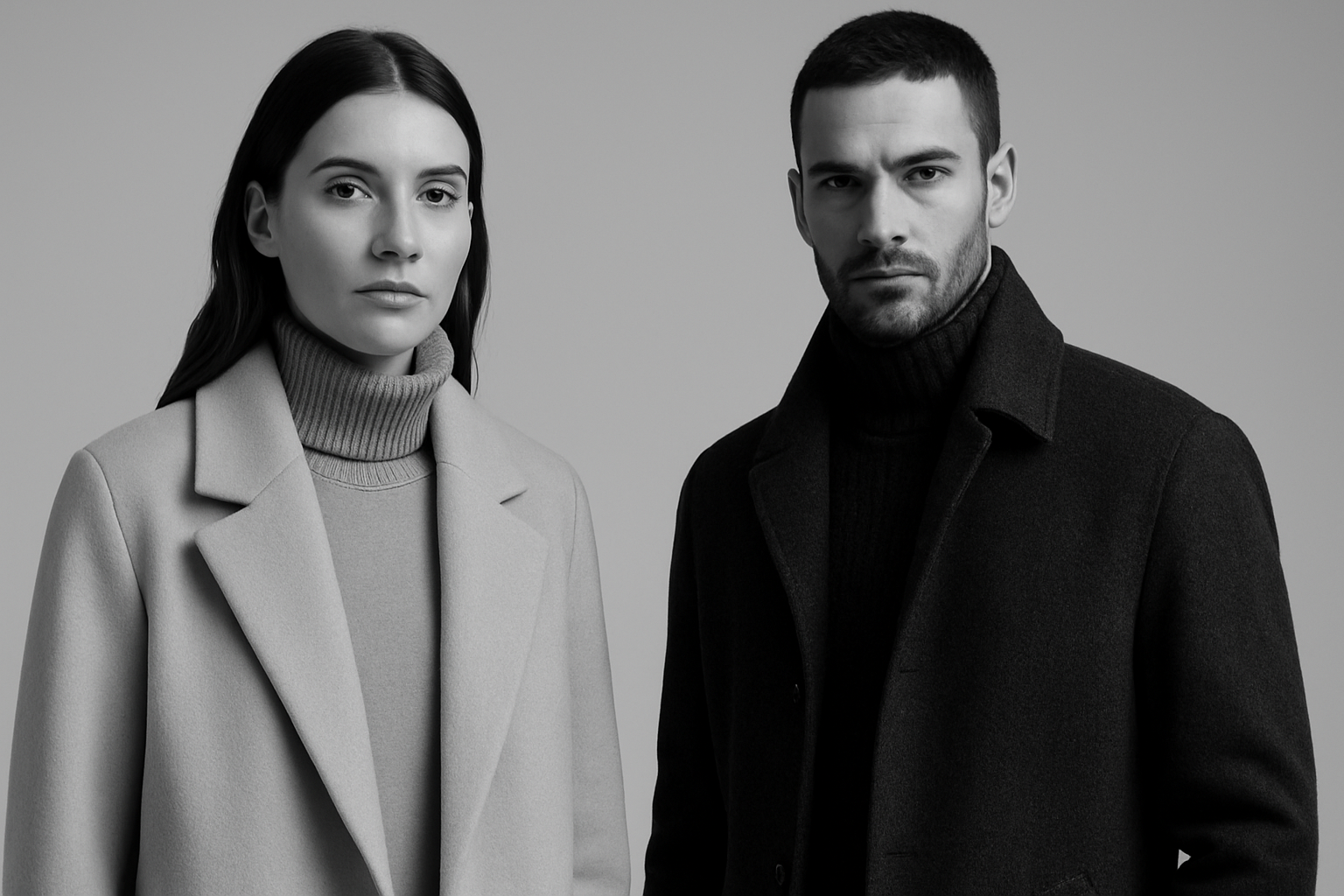 Two people wearing coats against a plain background
